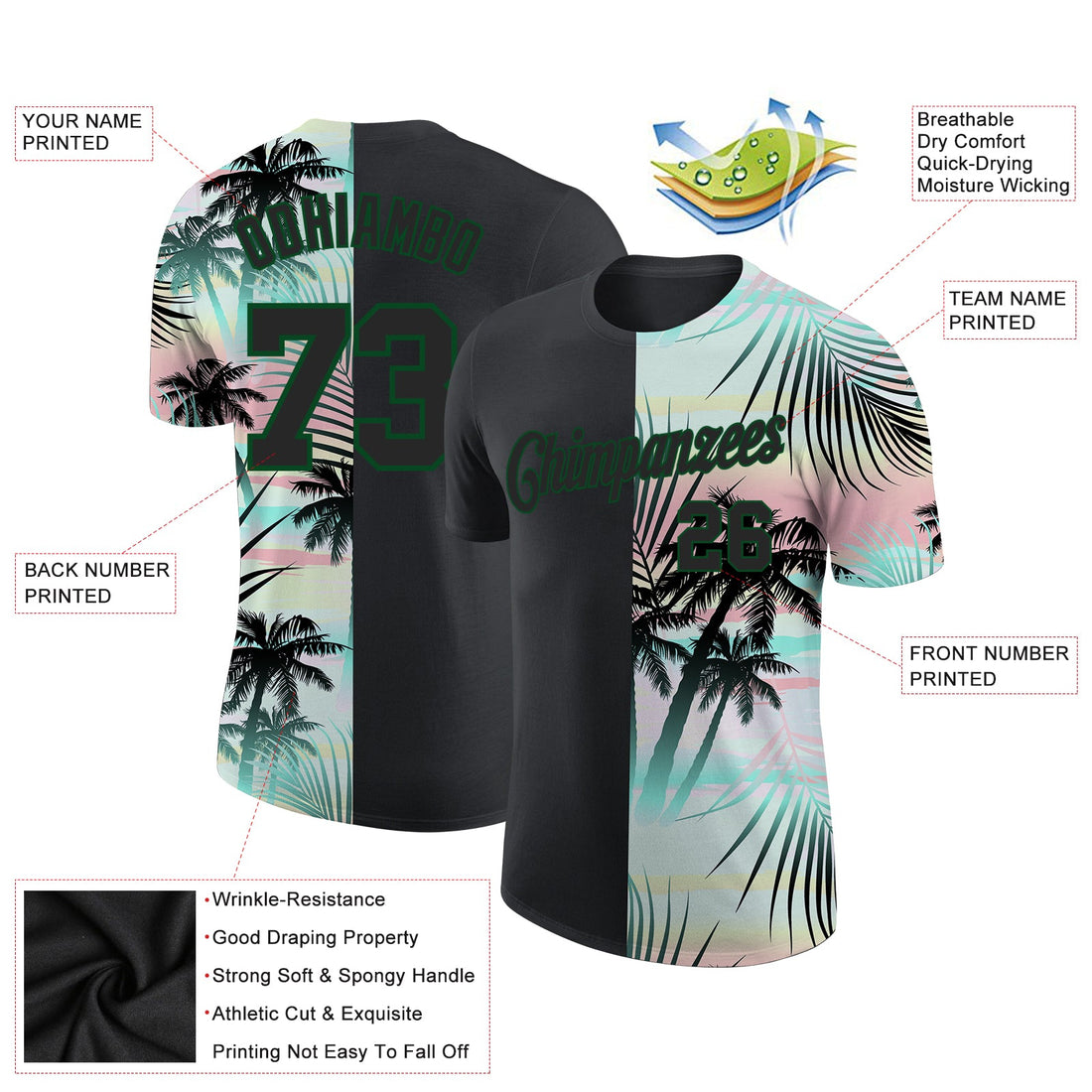 Custom 3D Pattern Design Tropical Hawaii Palm Leaves Performance T-Shirt