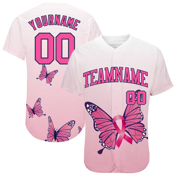 Custom 3D Pink Ribbon Breast Cancer Awareness Month With Butterflies Women Health Care Support Authentic Baseball Jersey