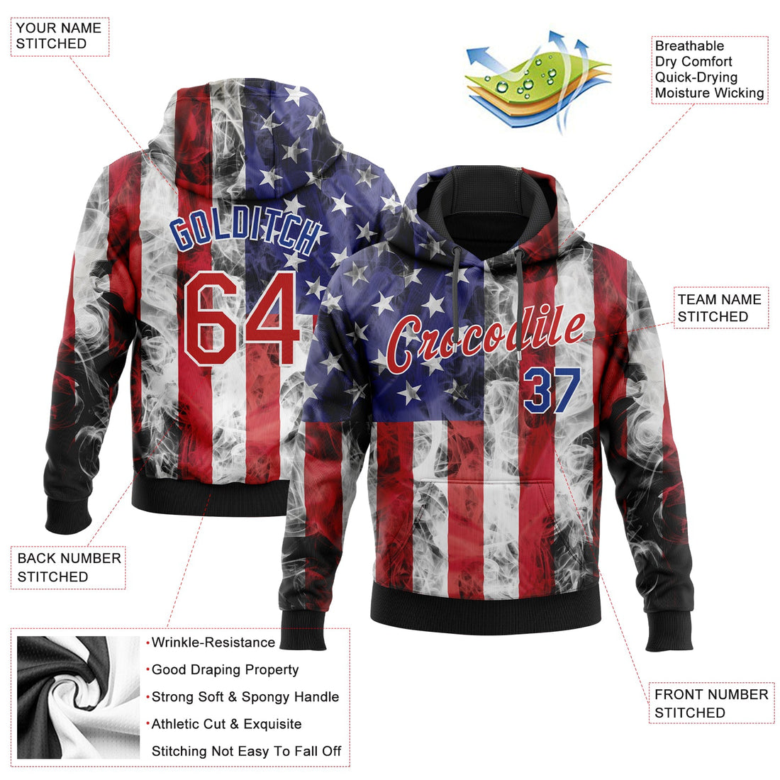 Custom Stitched White Red Royal-Black 3D American Flag Fashion Sports Pullover Sweatshirt Hoodie