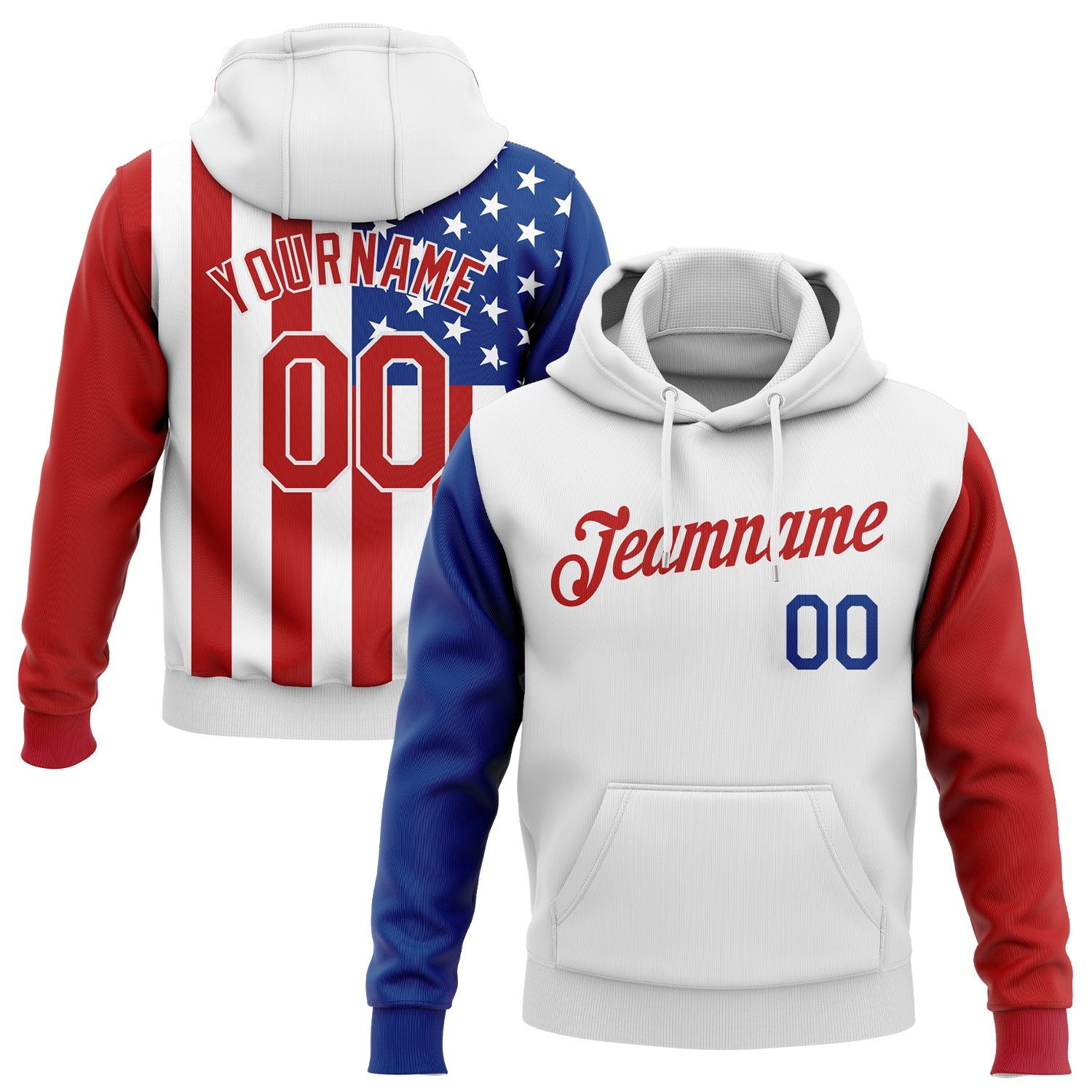 Custom Stitched White Red-Royal 3D American Flag Fashion Sports Pullover Sweatshirt Hoodie