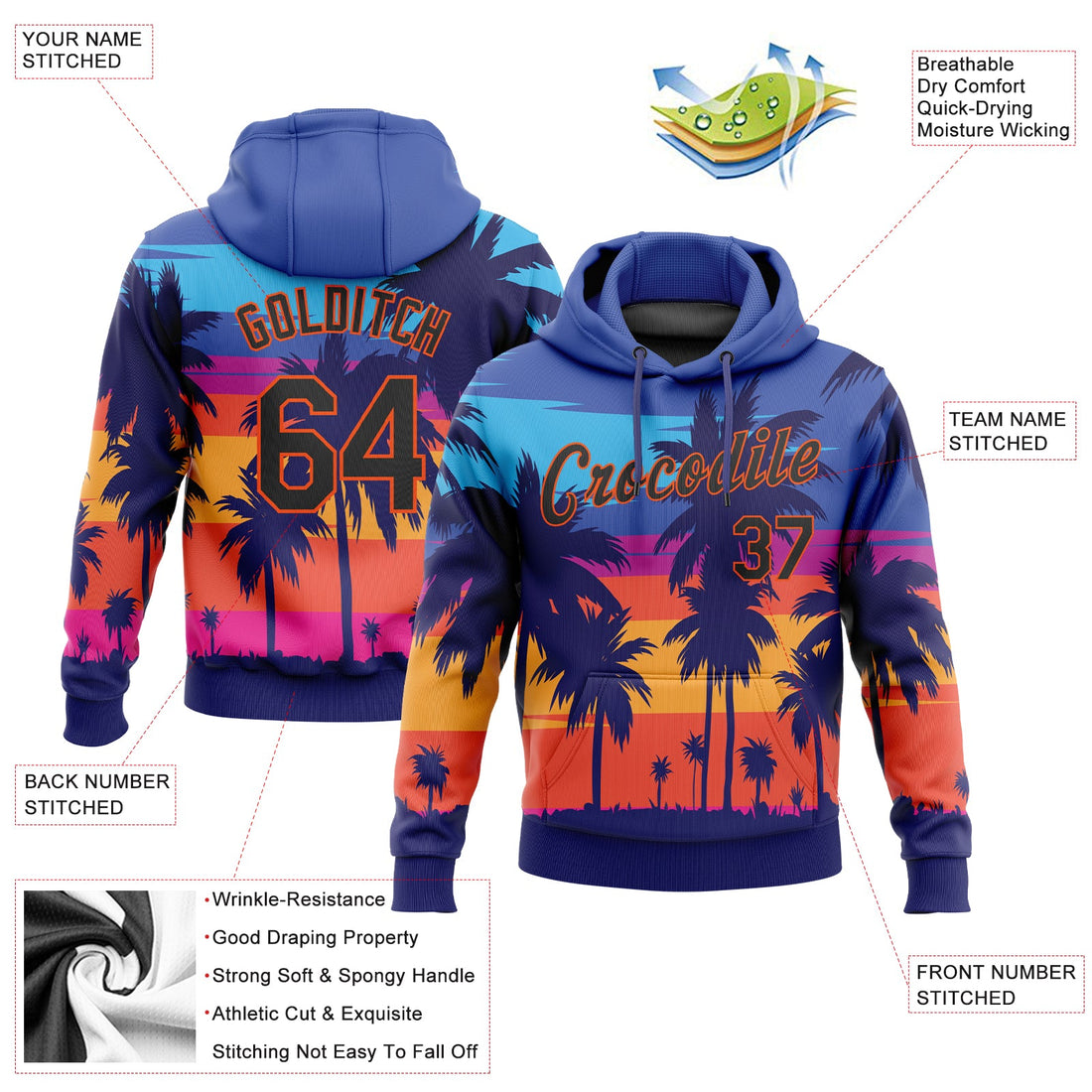 Custom Stitched Royal Black-Orange 3D Pattern Design Palm Trees Sports Pullover Sweatshirt Hoodie