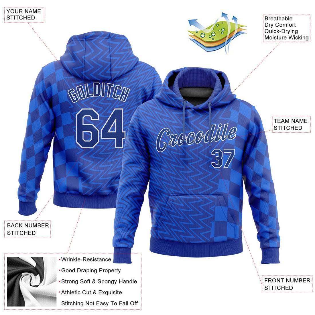 Custom Stitched Royal Royal-White 3D Pattern Design Sports Pullover Sweatshirt Hoodie