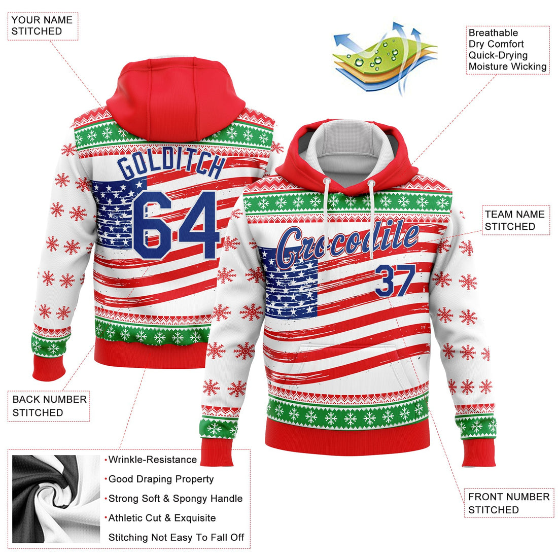 Custom Stitched Red Royal-Kelly Green 3D American Flag Sports Pullover Sweatshirt Hoodie