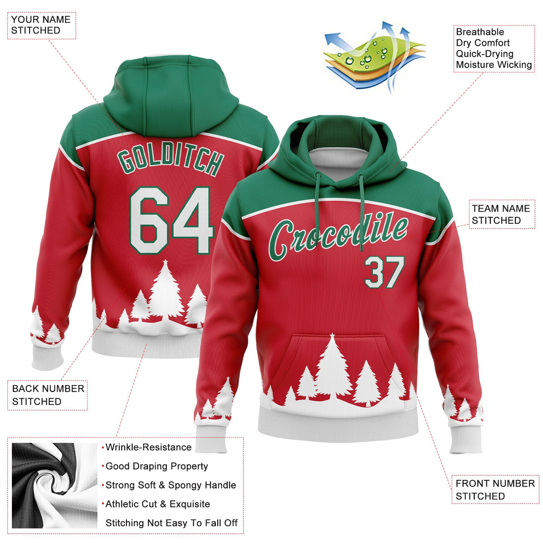 Custom Stitched Red White-Kelly Green 3D Christmas Trees Sports Pullover Sweatshirt Hoodie