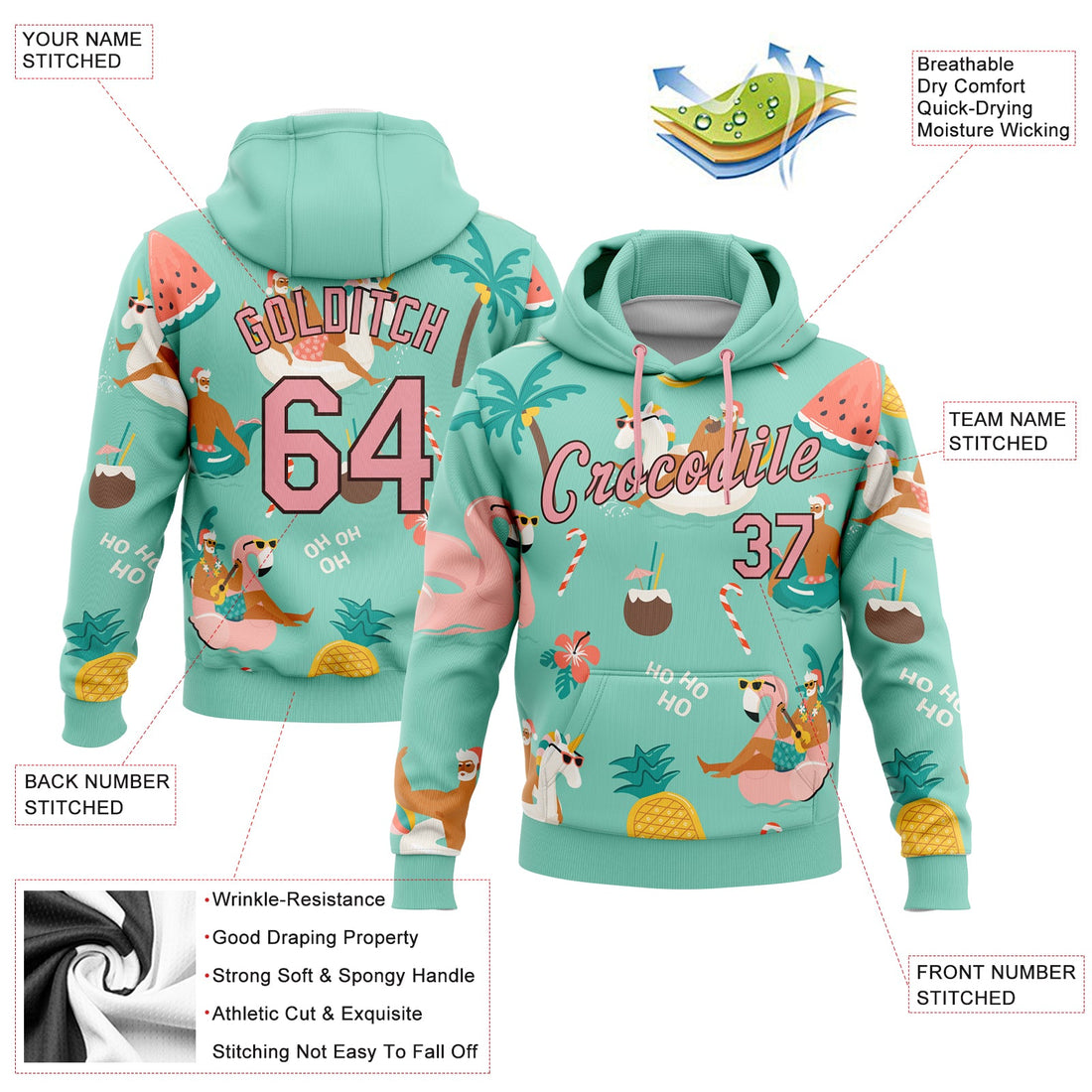 Custom Stitched Aqua Medium Pink-Brown 3D Tropical Christmas Santas With Reindeers And Flamingos Sports Pullover Sweatshirt Hoodie