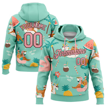 Custom Stitched Aqua Medium Pink-Brown 3D Tropical Christmas Santas With Reindeers And Flamingos Sports Pullover Sweatshirt Hoodie