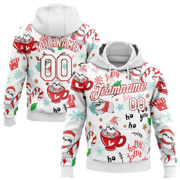 Custom Stitched White White-Red 3D Christmas Sloths Sports Pullover Sweatshirt Hoodie