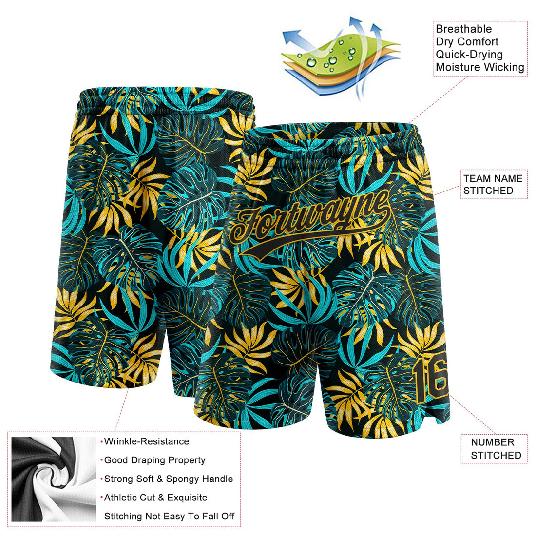 Custom Black Yellow 3D Pattern Tropical Plants Authentic Basketball Shorts