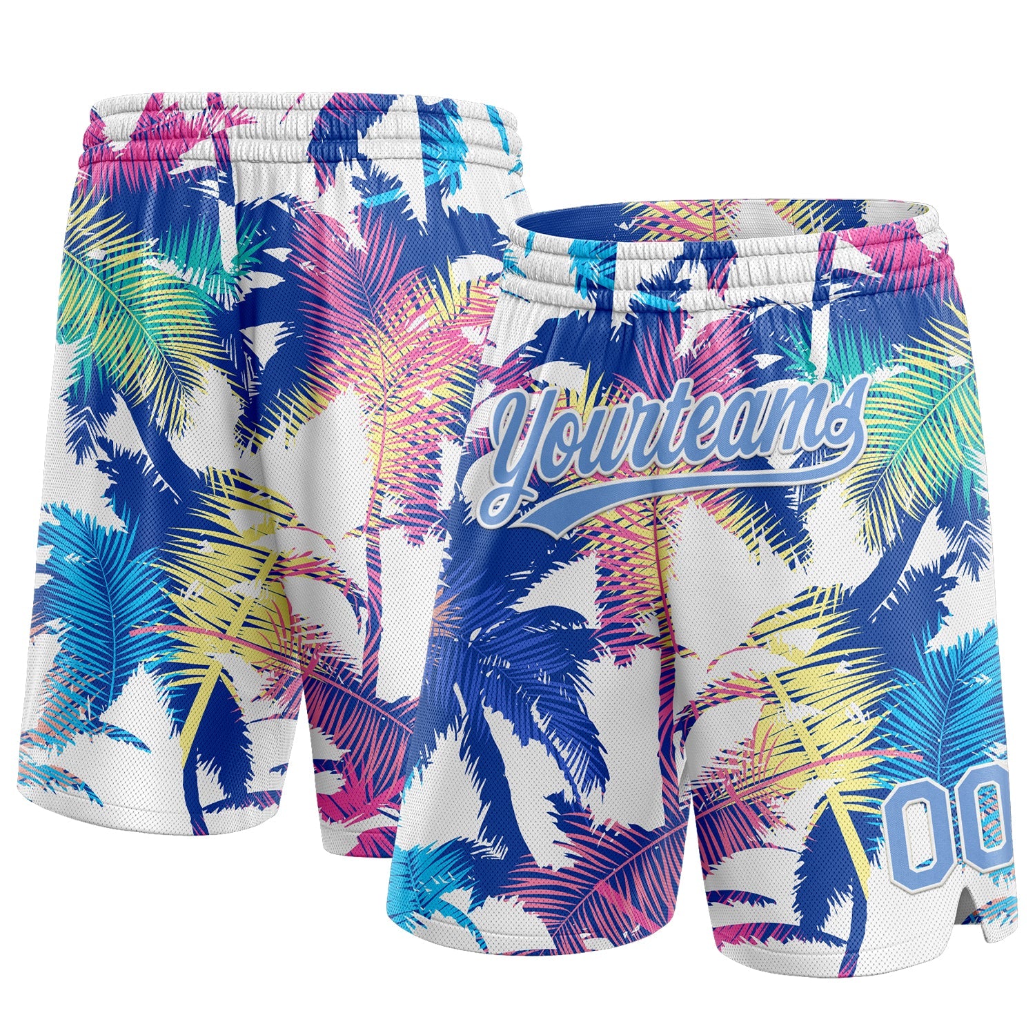 Custom White Light Blue 3D Pattern Hawaii Palm Trees Authentic Basketball Shorts