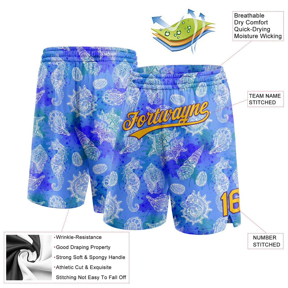 Custom Royal Yellow-Purple 3D Pattern Conch And Seahorse Authentic Basketball Shorts