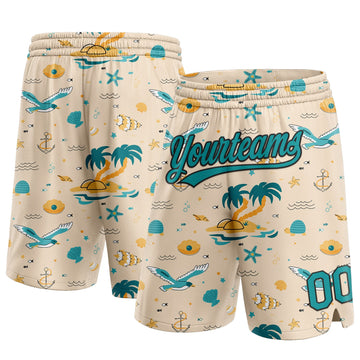 Custom Cream Teal-Black 3D Pattern Beach Hawaii Palm Trees Authentic Basketball Shorts