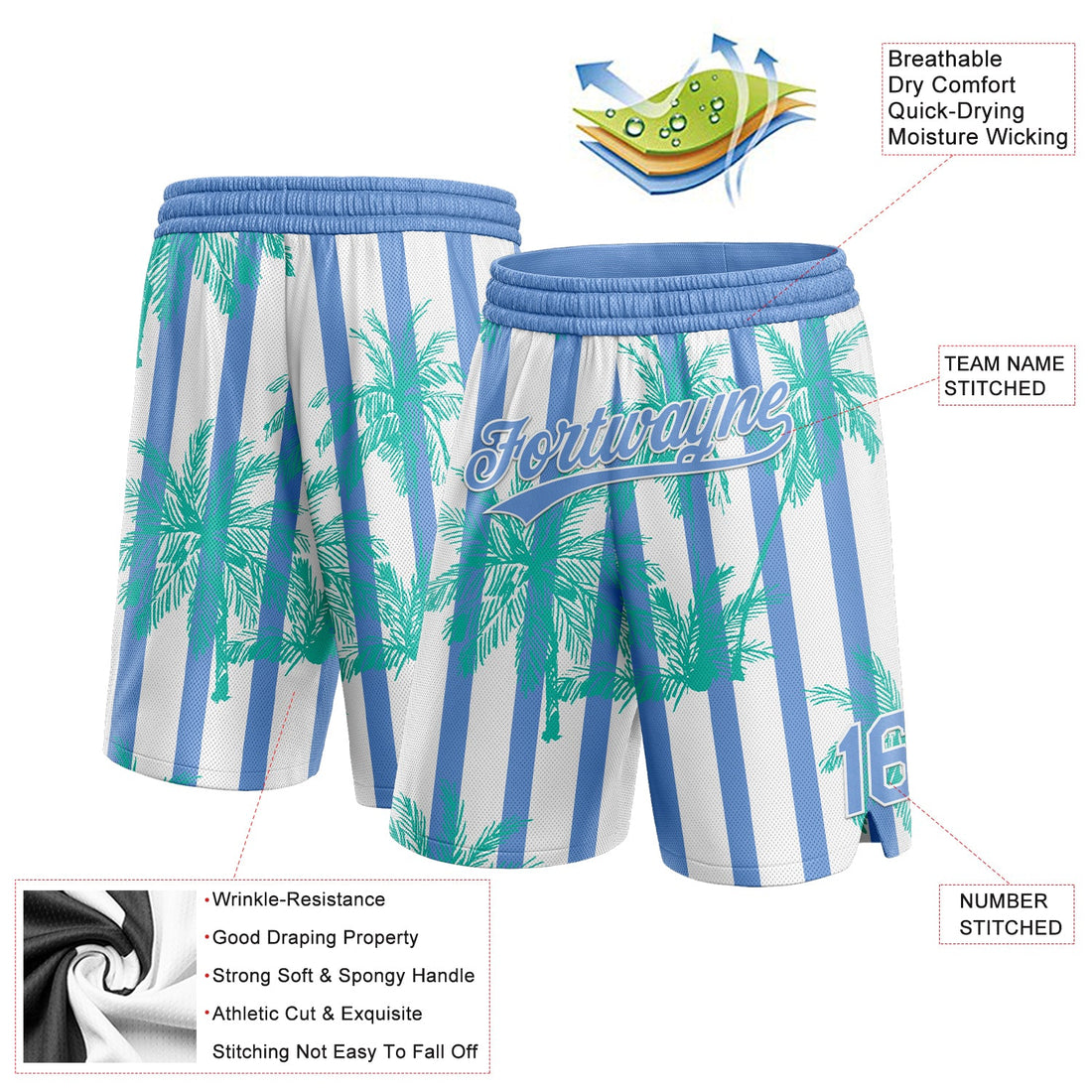 Custom White Light Blue 3D Pattern Hawaii Palm Trees Argentina Authentic Basketball Shorts