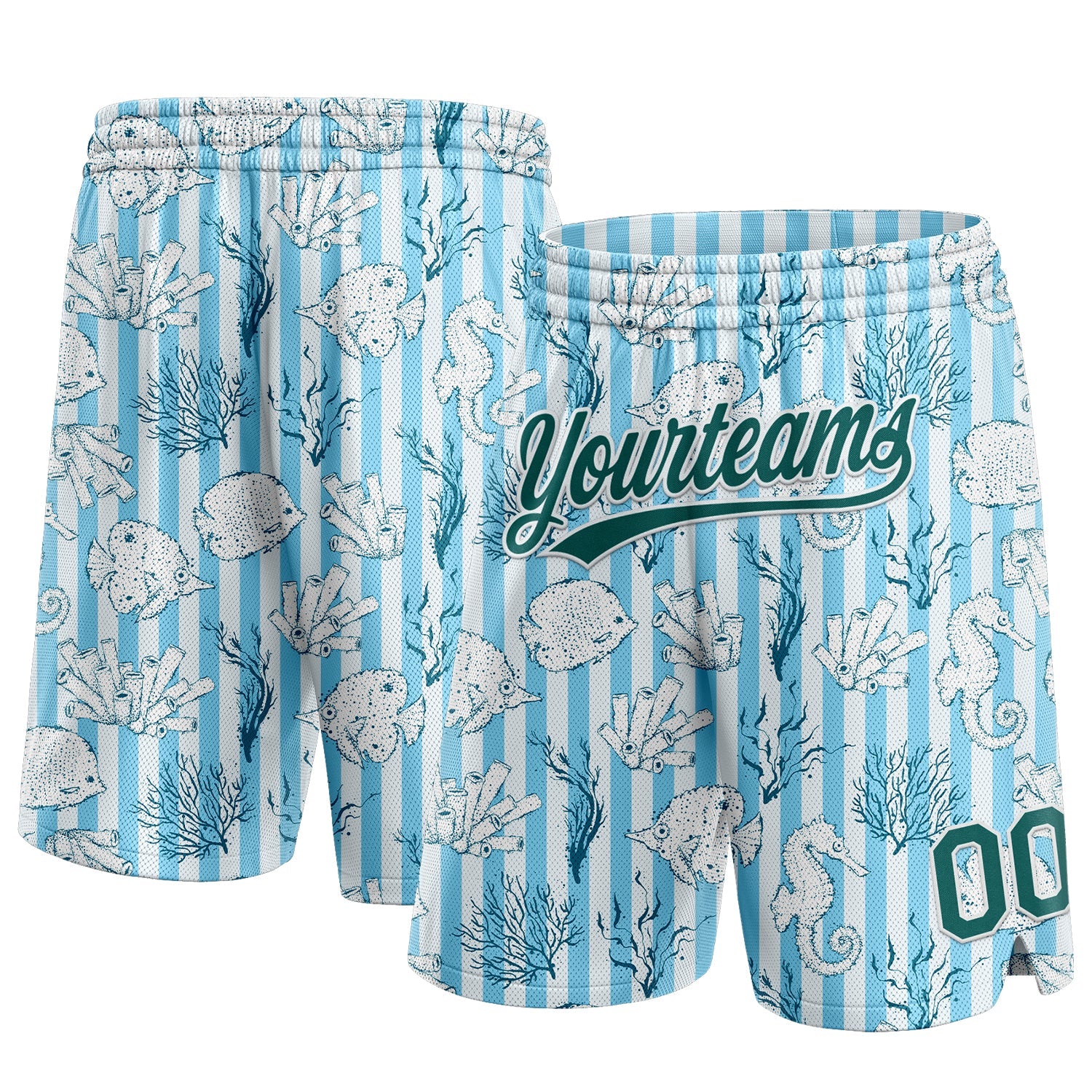 Custom Light Blue Midnight Green-White 3D Pattern Coral Fish And Seahorse Authentic Basketball Shorts