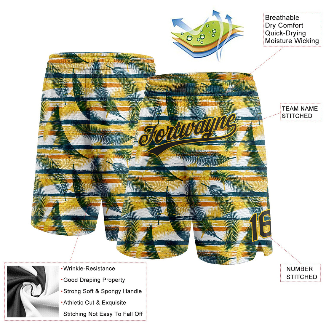 Custom Black Yellow-Midnight Green 3D Pattern Hawaii Palm Leaves Authentic Basketball Shorts