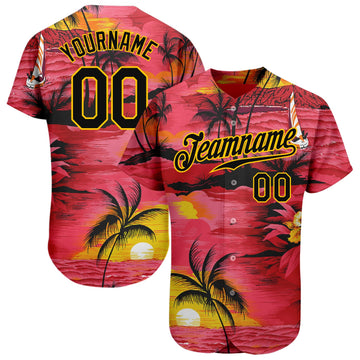 Custom Red Black-Yellow 3D Pattern Design Sun Beach Hawaii Palm Trees Authentic Baseball Jersey