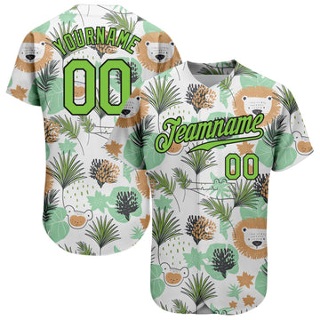 Custom White Neon Green-Black 3D Pattern Design Hawaii Palm Leaves And Lions Authentic Baseball Jersey