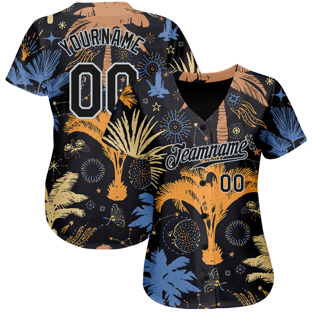 Custom Black Silver 3D Pattern Design Hawaii Palm Trees Authentic Baseball Jersey