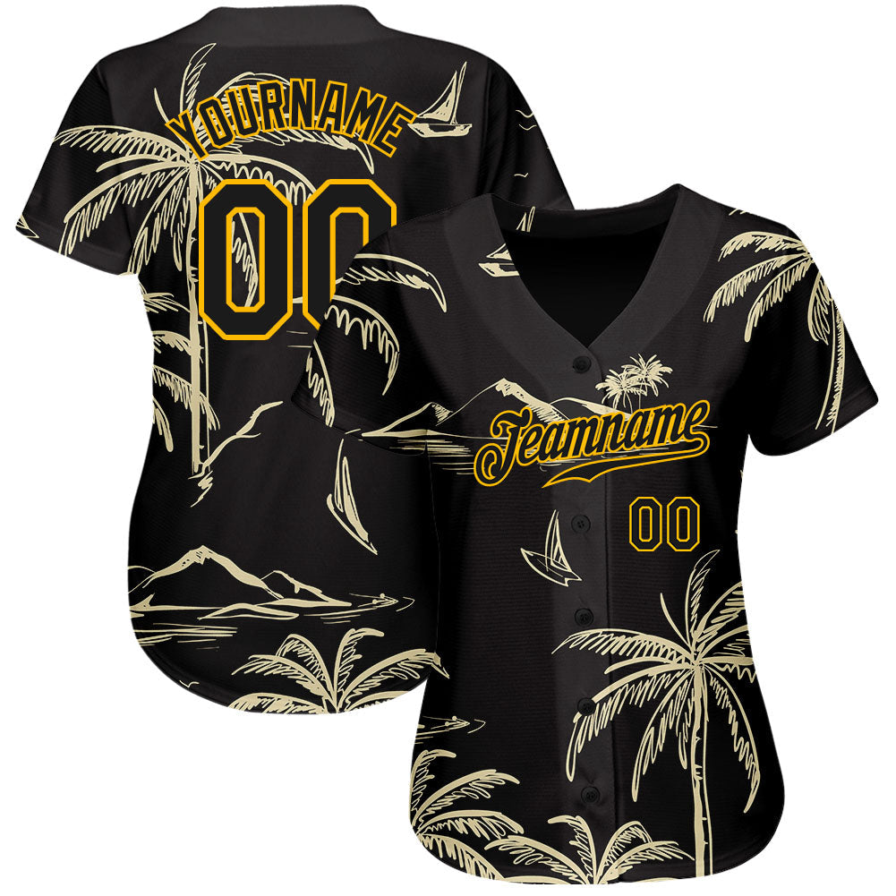 Custom Black Gold 3D Pattern Design Hawaii Palm Trees Island And Sailboat Authentic Baseball Jersey