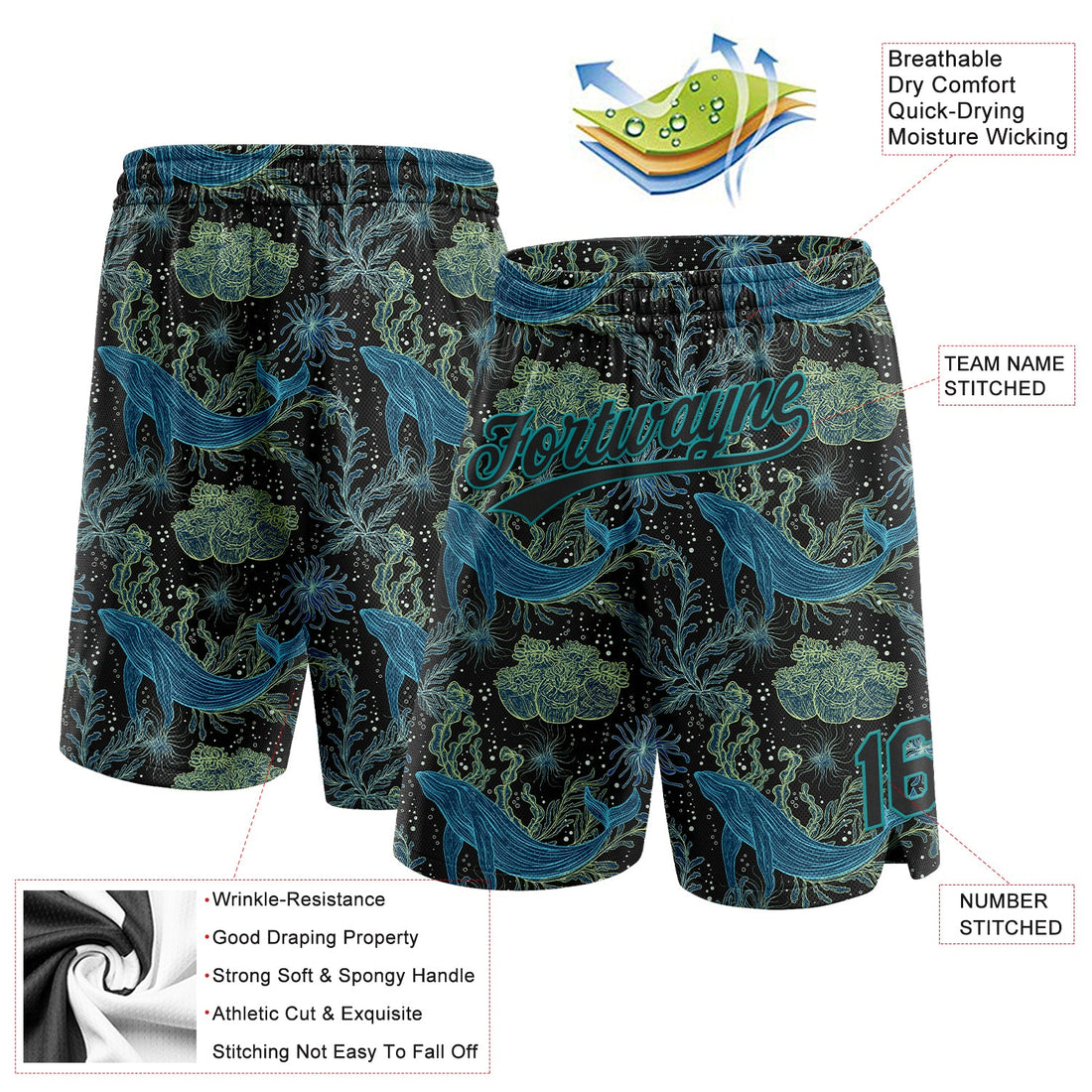 Custom Black Black-Teal 3D Pattern Whale And Fish Authentic Basketball Shorts