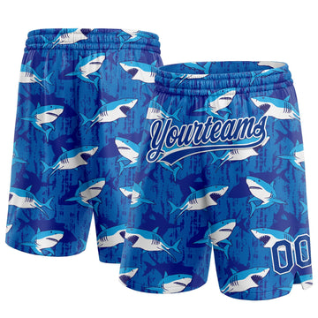 Custom Royal White 3D Pattern Sharks Authentic Basketball Shorts