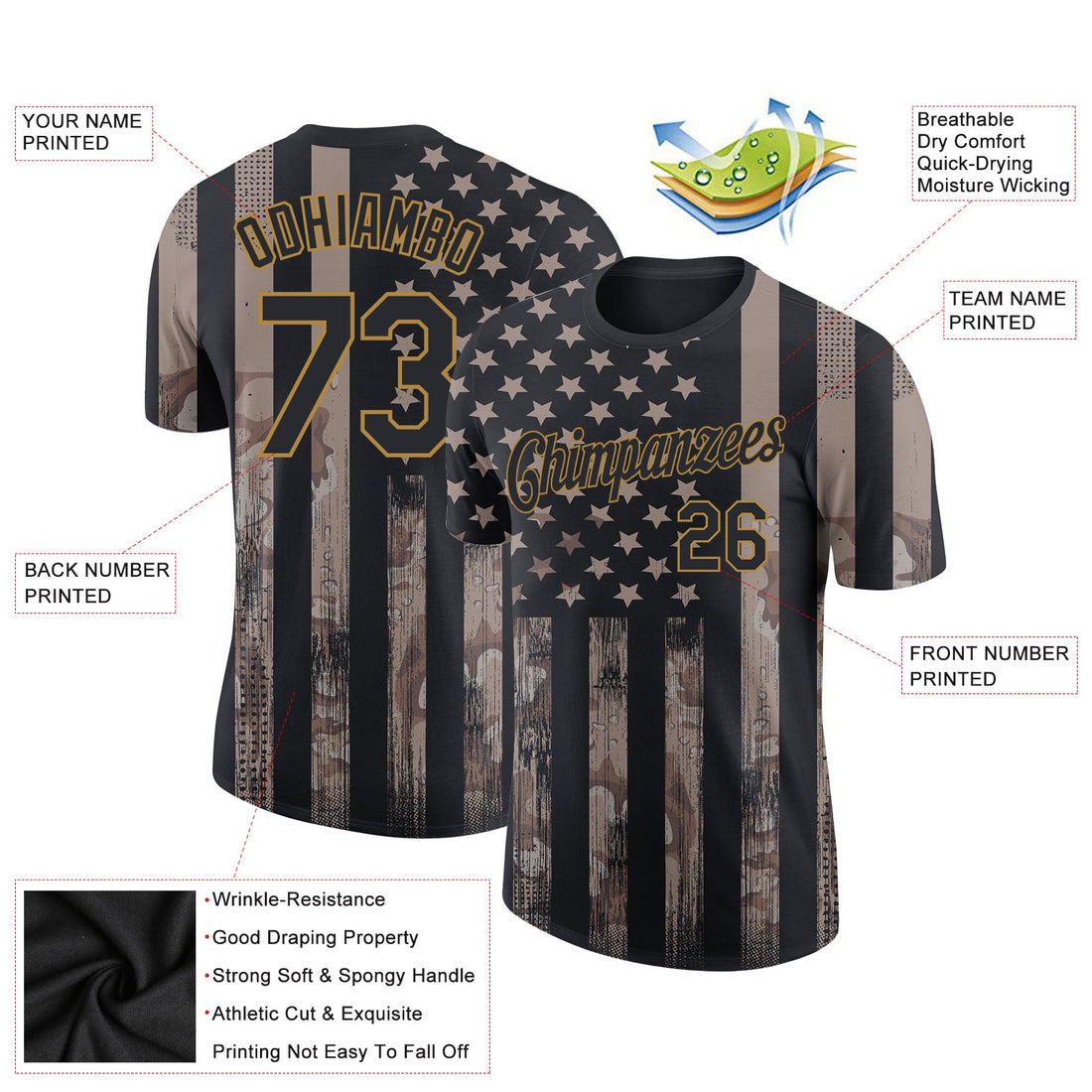 Custom Camo Black-Old Gold 3D American Flag Fashion Performance Salute To Service T-Shirt