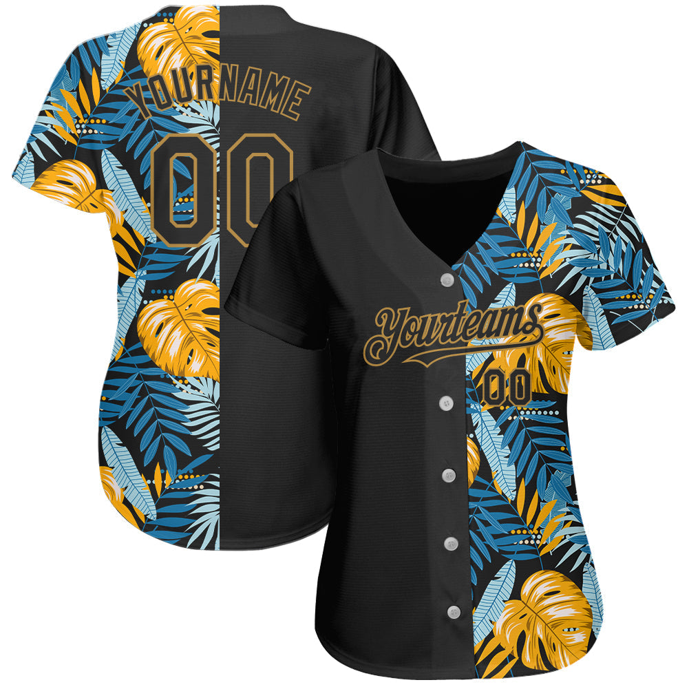 Custom Black Old Gold 3D Pattern Design Hawaii Tropical Leaves Authentic Baseball Jersey