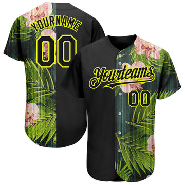 Custom Black Neon Yellow 3D Pattern Design Hawaii Tropical Palm Leaves With Orchids Authentic Baseball Jersey