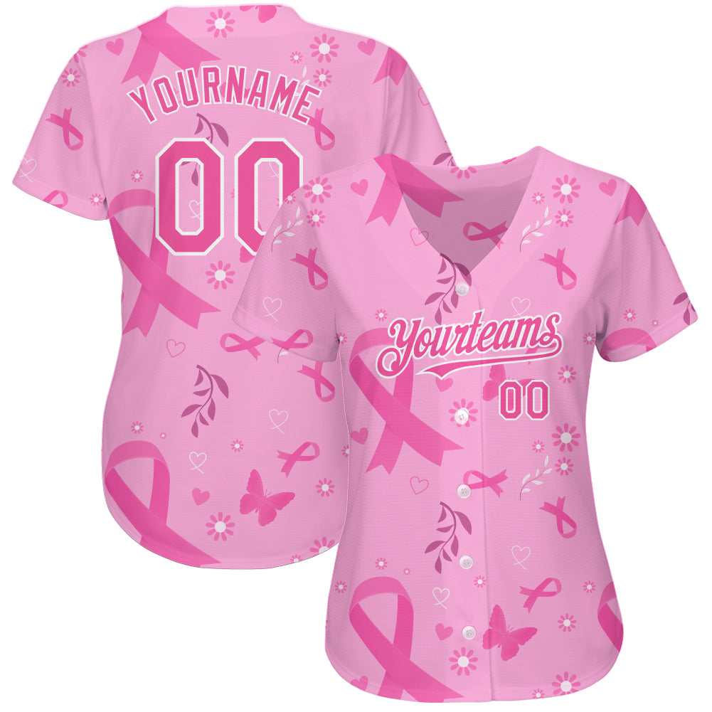 Custom Pink White 3D Pink Ribbon Breast Cancer Awareness Month Women Health Care Support Authentic Baseball Jersey