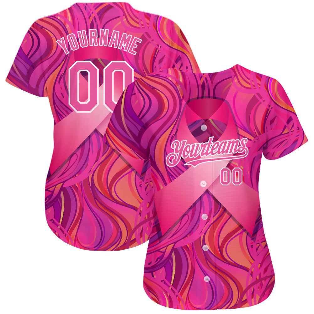 Custom Pink White 3D Pink Ribbon Breast Cancer Awareness Month Women Health Care Support Authentic Baseball Jersey