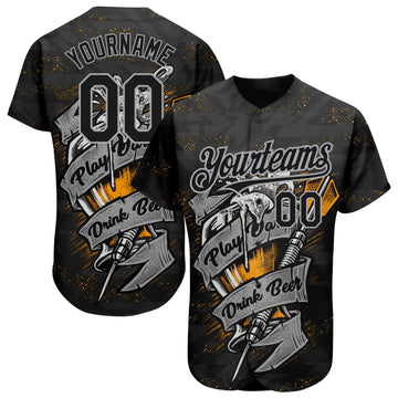 Custom Black Gray 3D Pattern Design Play Dart Drink Beer Authentic Baseball Jersey