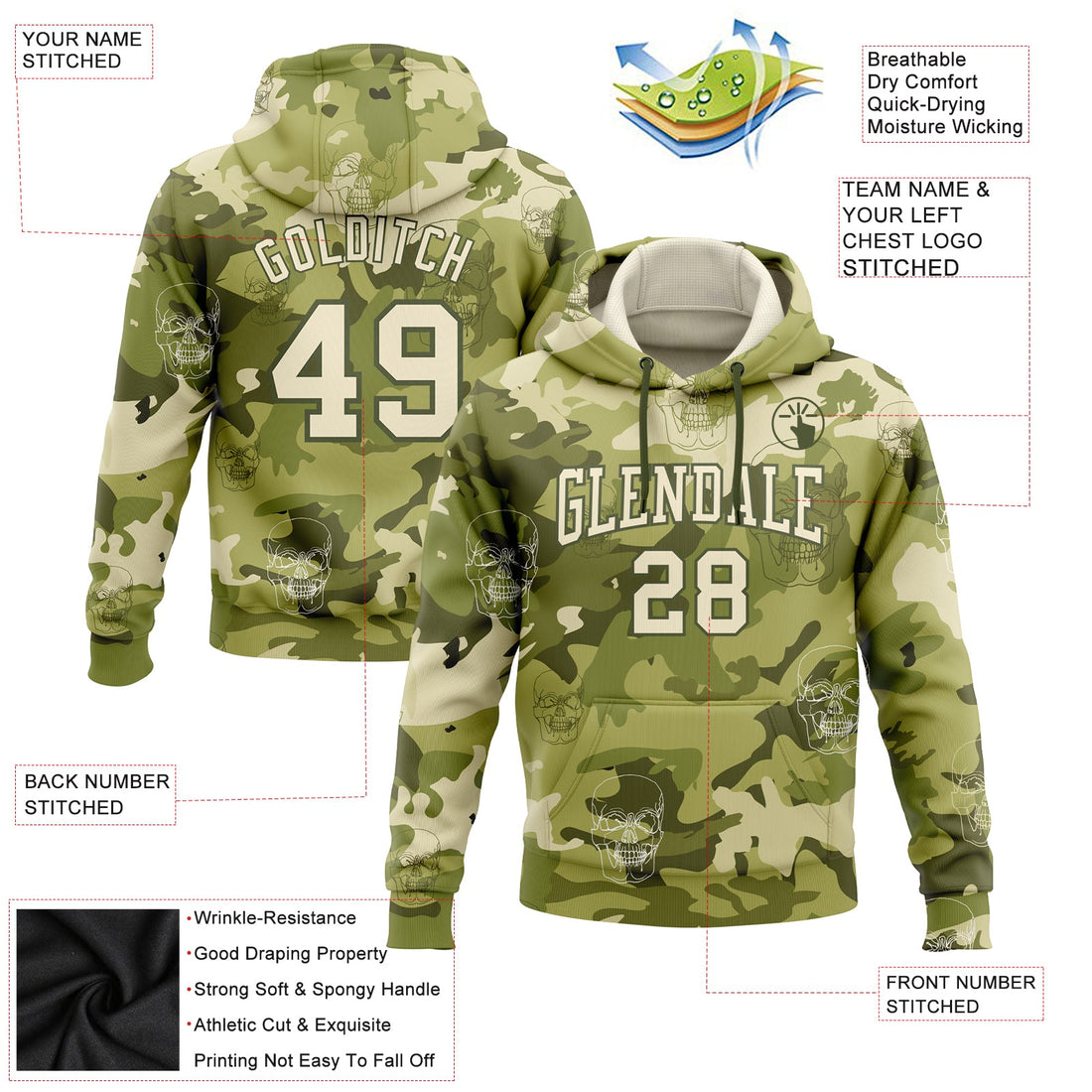 Custom Stitched Camo Cream-Olive 3D Skull Fashion Sports Pullover Sweatshirt Hoodie