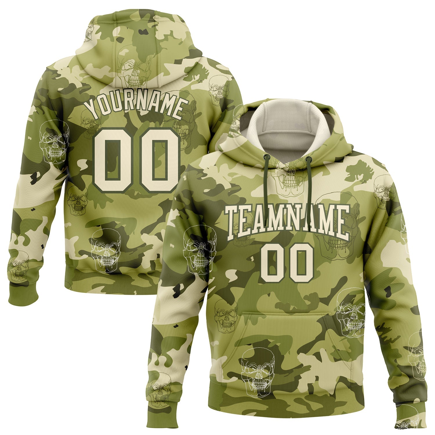 Custom Stitched Camo Cream-Olive 3D Skull Fashion Sports Pullover Sweatshirt Hoodie