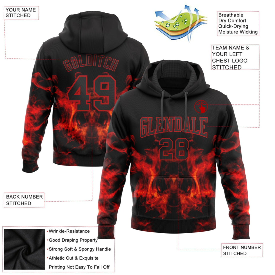 Custom Stitched Black Red 3D Skull Fashion Flame Sports Pullover Sweatshirt Hoodie