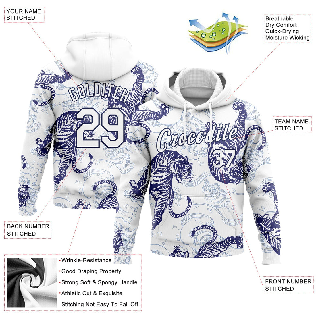 Custom Stitched White Navy 3D Pattern Design Tiger Sports Pullover Sweatshirt Hoodie