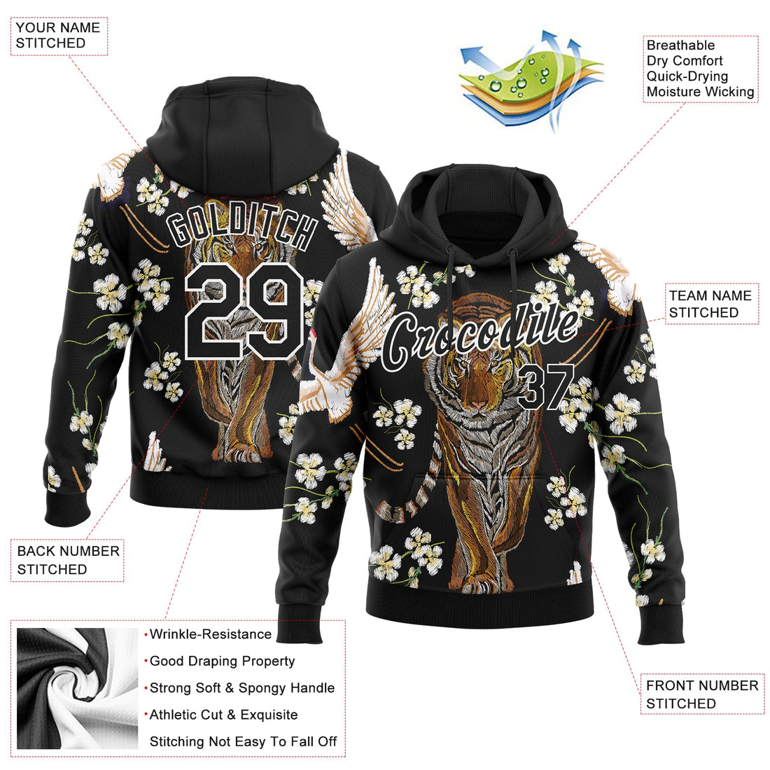 Custom Stitched Black White 3D Pattern Design Tiger And Crane Sports Pullover Sweatshirt Hoodie