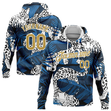 Custom Stitched Navy Old Gold-White 3D Pattern Design Leopard And Tropical Plants Sports Pullover Sweatshirt Hoodie