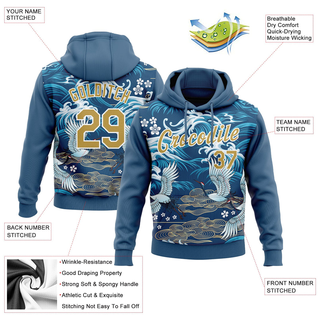 Custom Stitched Royal Old Gold-White 3D Pattern Design Crane And Cloud Sports Pullover Sweatshirt Hoodie