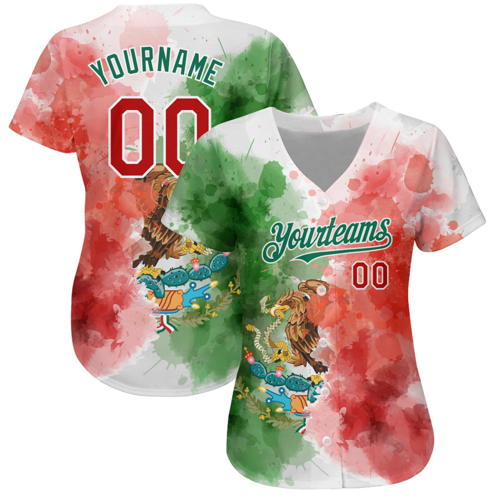 Custom Kelly Green Red-White 3D Mexican Flag Watercolored Splashes Grunge Design Authentic Baseball Jersey