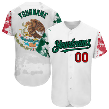 Custom White Red Kelly Green-Black 3D Mexican Flag Grunge Design Authentic Baseball Jersey