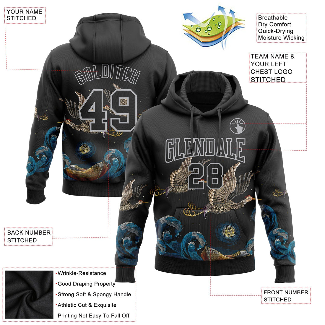 Custom Stitched Black Gray 3D Pattern Design Crane And Wave Sports Pullover Sweatshirt Hoodie