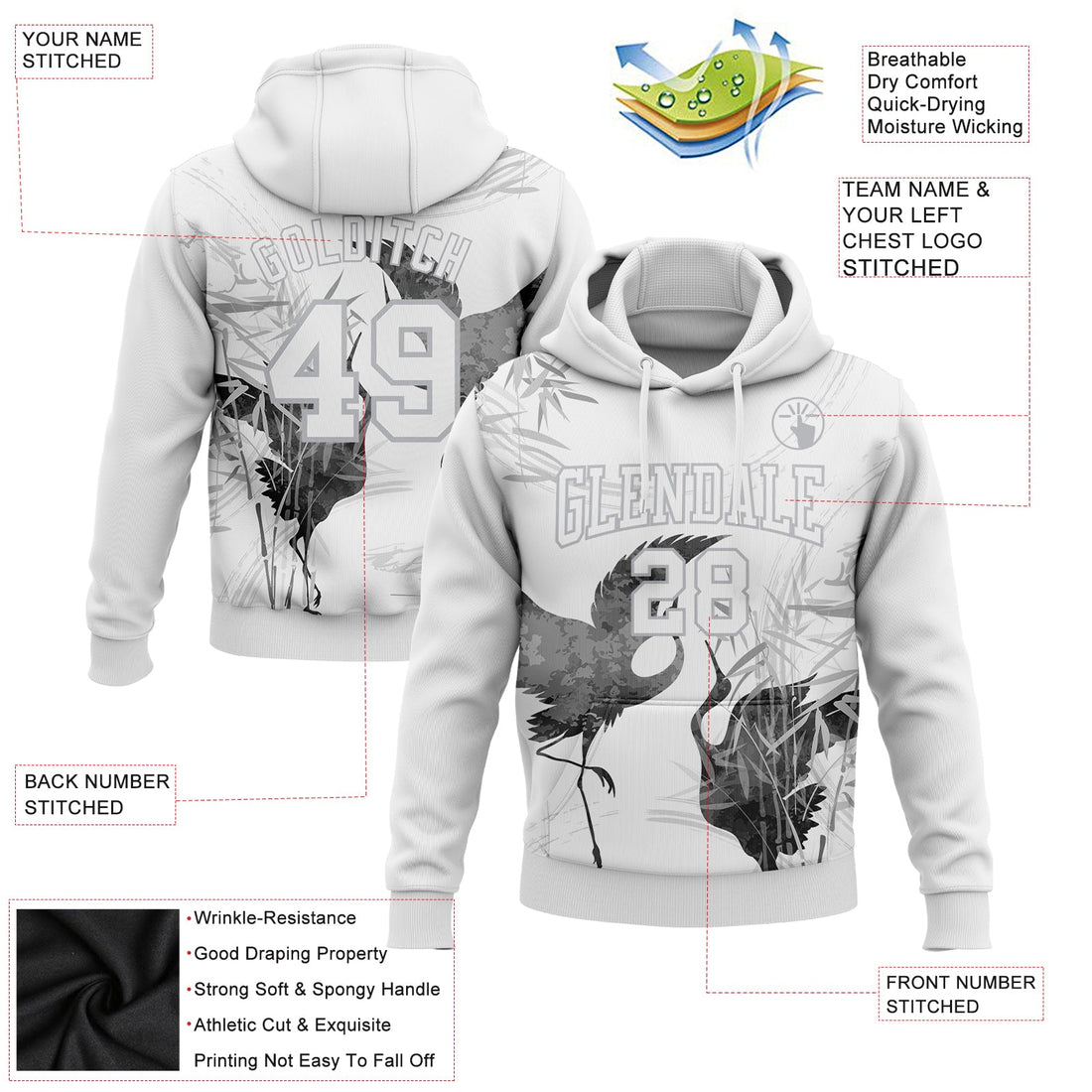 Custom Stitched White Gray 3D Pattern Design Heron Sports Pullover Sweatshirt Hoodie