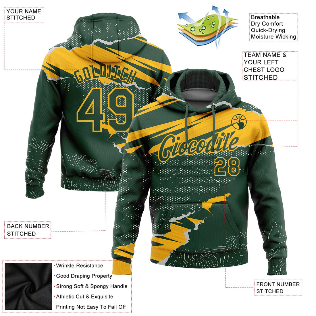 Custom Stitched Green Gold 3D Pattern Design Torn Paper Style Sports Pullover Sweatshirt Hoodie