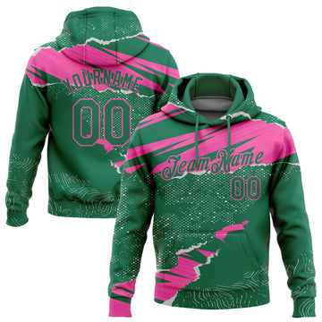 Custom Stitched Kelly Green Pink 3D Pattern Design Torn Paper Style Sports Pullover Sweatshirt Hoodie