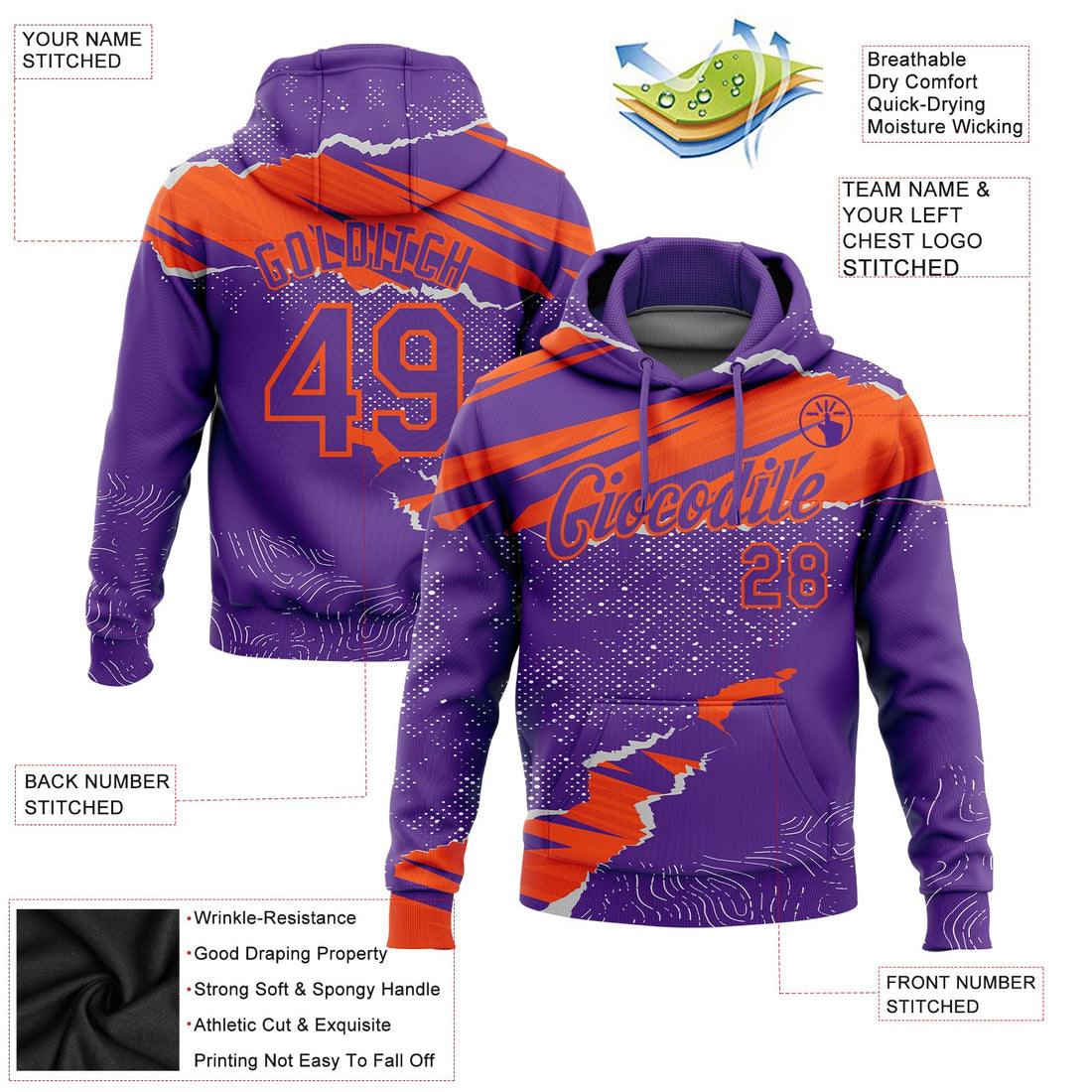 Custom Stitched Purple Orange 3D Pattern Design Torn Paper Style Sports Pullover Sweatshirt Hoodie