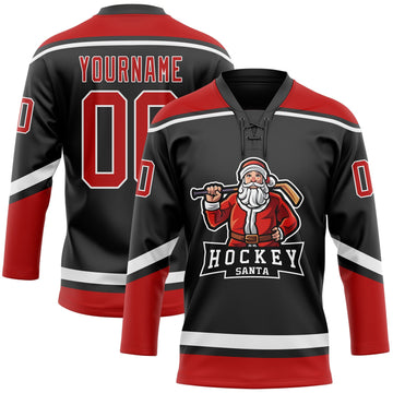 Custom Black Red-White Christmas Santa Claus 3D Hockey Lace Neck Jersey