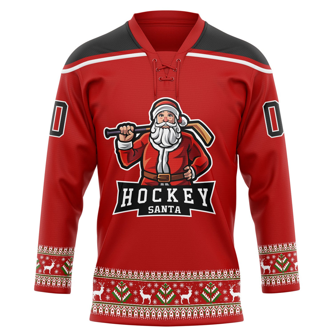 Custom Red Black-White Christmas Santa Claus 3D Hockey Lace Neck Jersey