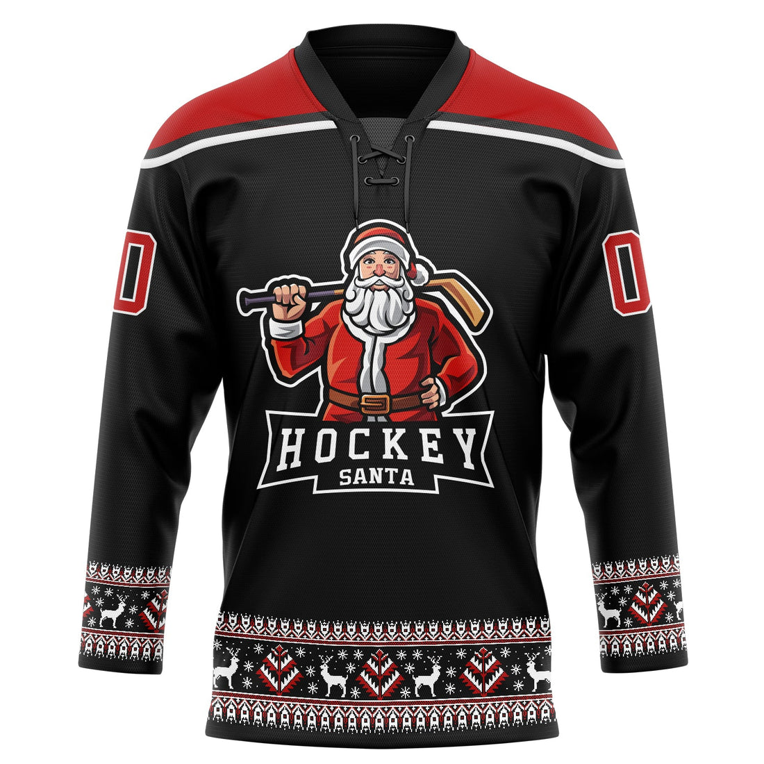 Custom Black Red-White Christmas Santa Claus 3D Hockey Lace Neck Jersey