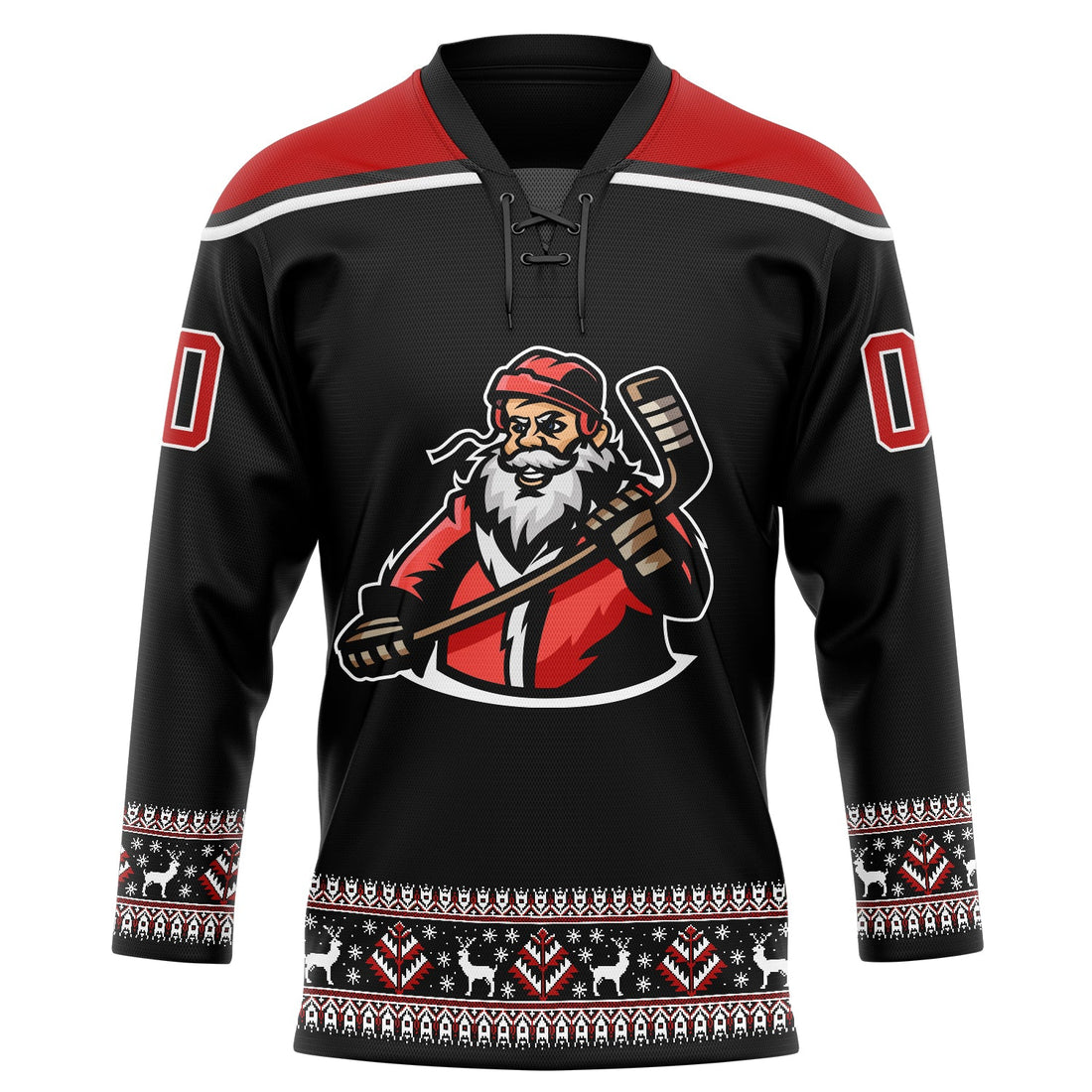 Custom Black Red-White Christmas Santa Claus 3D Hockey Lace Neck Jersey