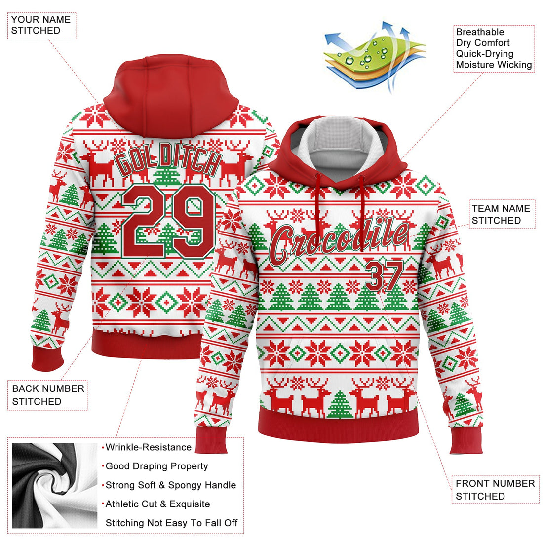 Custom Stitched White Red-Kelly Green Christmas 3D Sports Pullover Sweatshirt Hoodie