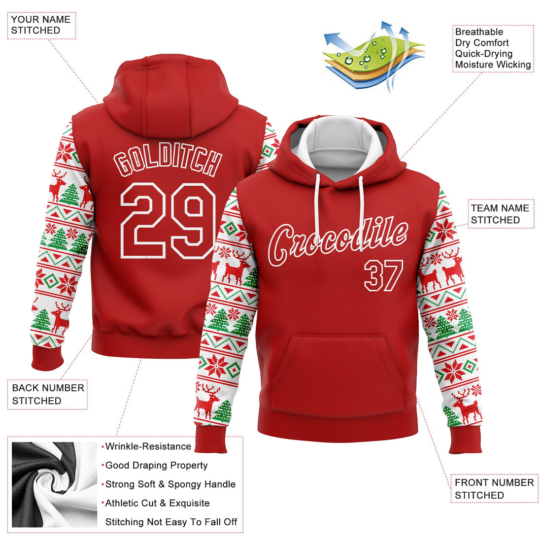 Custom Stitched Red White Christmas 3D Sports Pullover Sweatshirt Hoodie